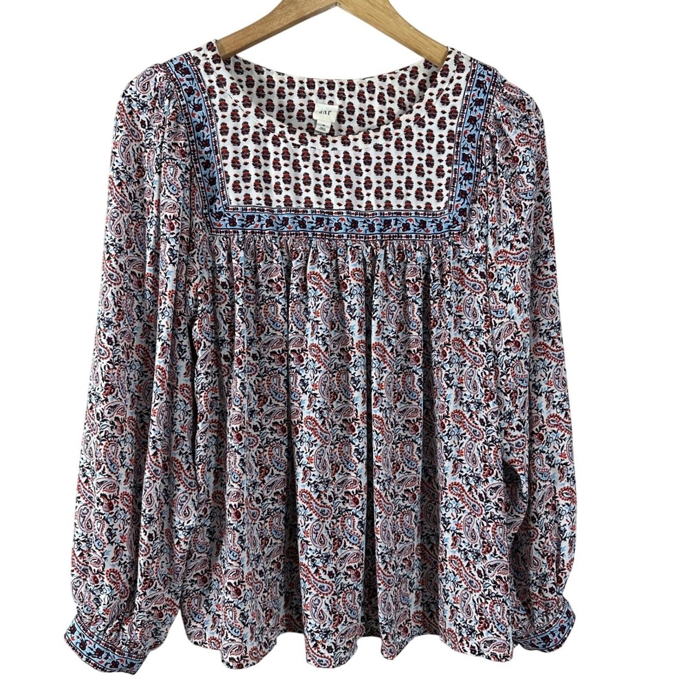 Gap Womens Medium Paisley Floral Long Sleeve Blouse Red Blue Square Yoke Boho